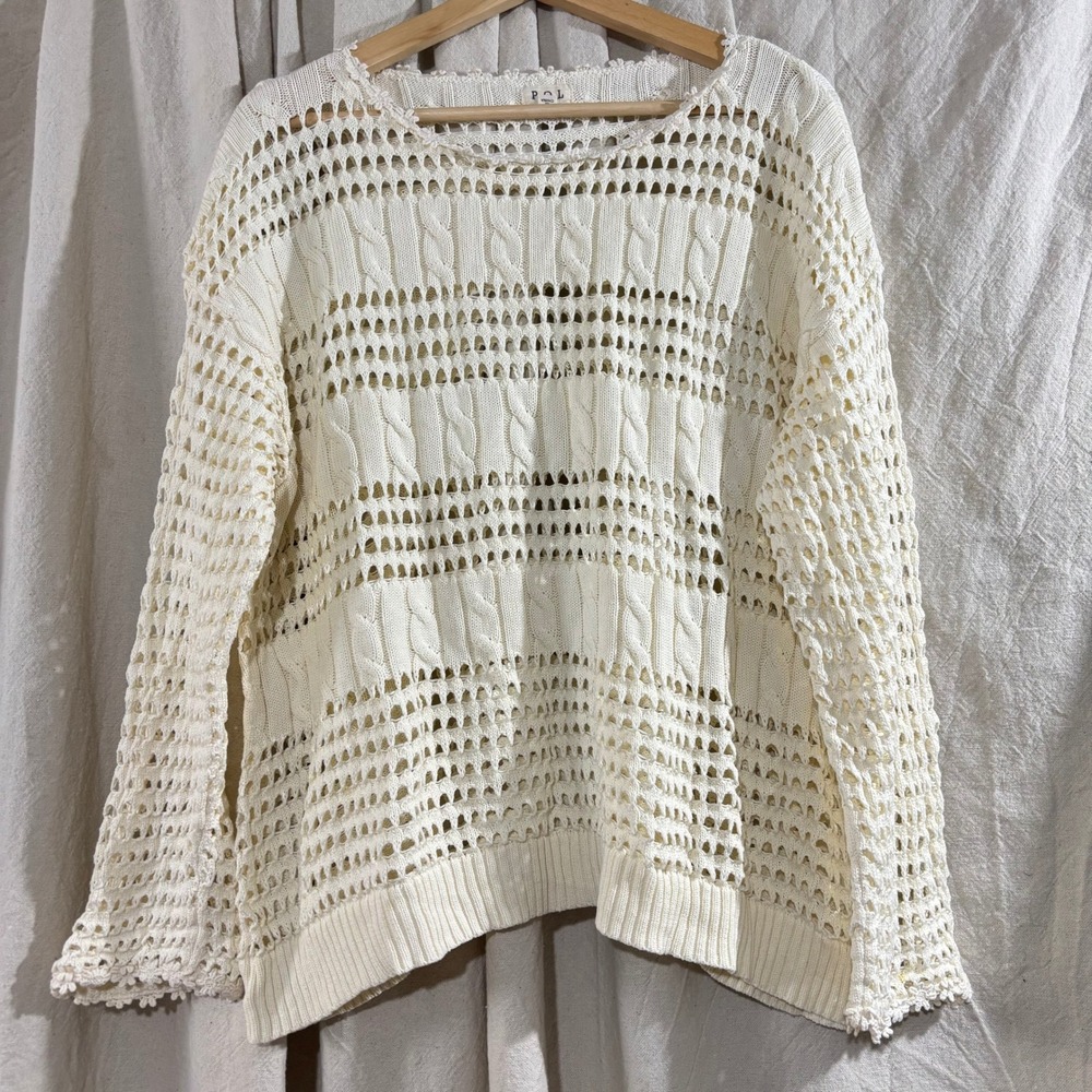 POL Womens Ivory Cream Open Knit Cable Pointelle Sweater Lace Trim UST157 Size M